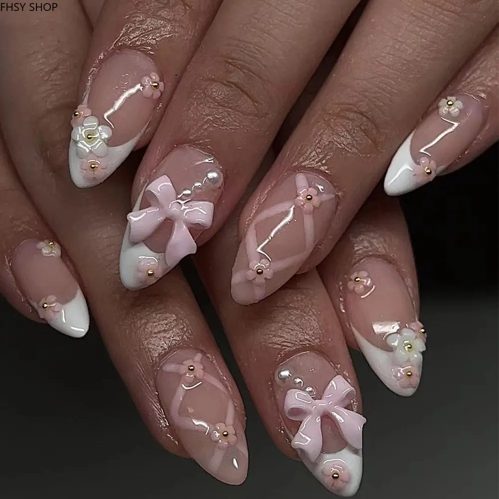 24Pcs Sweet Pink French Stripe Press-On Nails, White Floral Bow Accents with Staggered Line Design, Glossy Reusable Almond-Shape Fake Nails, Hot Sale Cross-Border DIY Kit