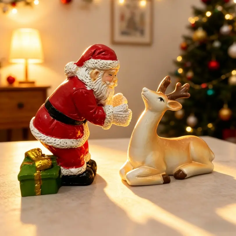 Christmas-Themed Resin Statue Set, Santa Claus & Reindeer Design, Gift Box Included, Perfect for Desktops, Fireplaces, Party Decorations