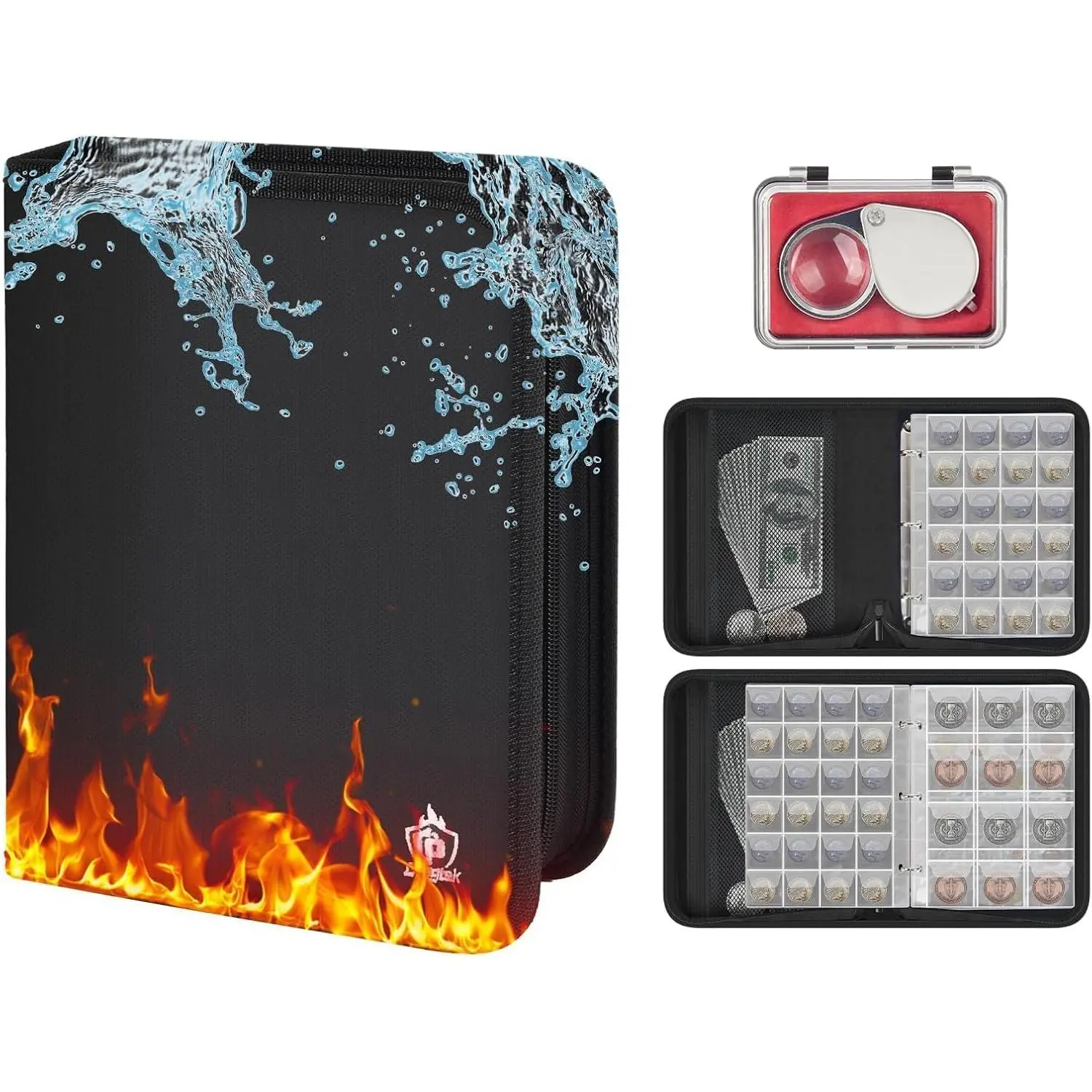 2000? Fireproof  Collection Book Holder with Magnifying Glass, 312 Pocket 3-Ring  Album Organizer with Flaps,  Storage Case Binder  Collecting Supplies (Black)