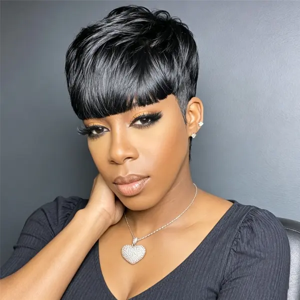 Pixie Cut Wig Human Hair Short Wigs for Straight Pixie Wigs Human Hair Short Cut Wigs with Neat Bangs Glueless Straight Bangs Design, Machine-Made Breathable Cap, Perfect For Daily Wear, Quick Hairstyle Change, Versatile&Stylish