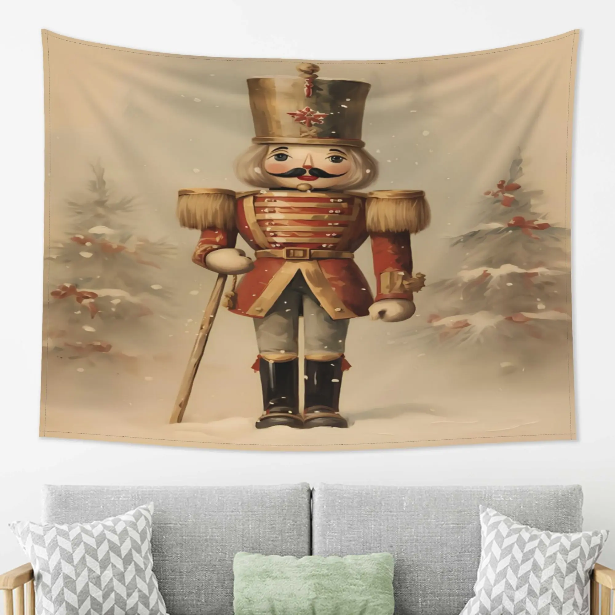 1pc Nutcracker Soldier Wall Hanging Tapestry - Large Landscape Christmas Decoration with Twinkling Light Effects, Soft Peach Beige Fabric, Bright Red And Golden Nutcracker Pattern, Suitable for Living Room, Bedroom