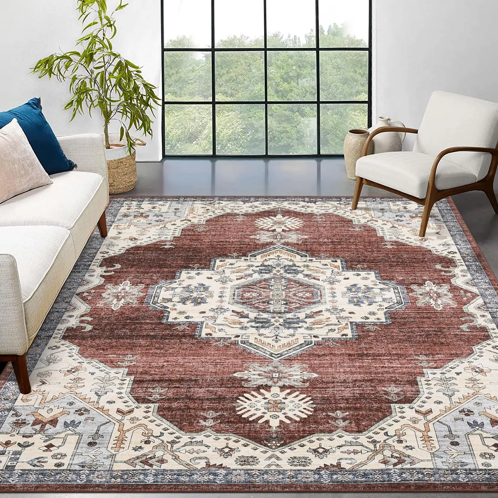 Garvee Washable Area Rug 5x7 - Vintage Medallion Distressed Low Pile Indoor Floor Cover Rug for Living Room, Bedroom, Dining Room - Retro Accent Throw Rug in Beige