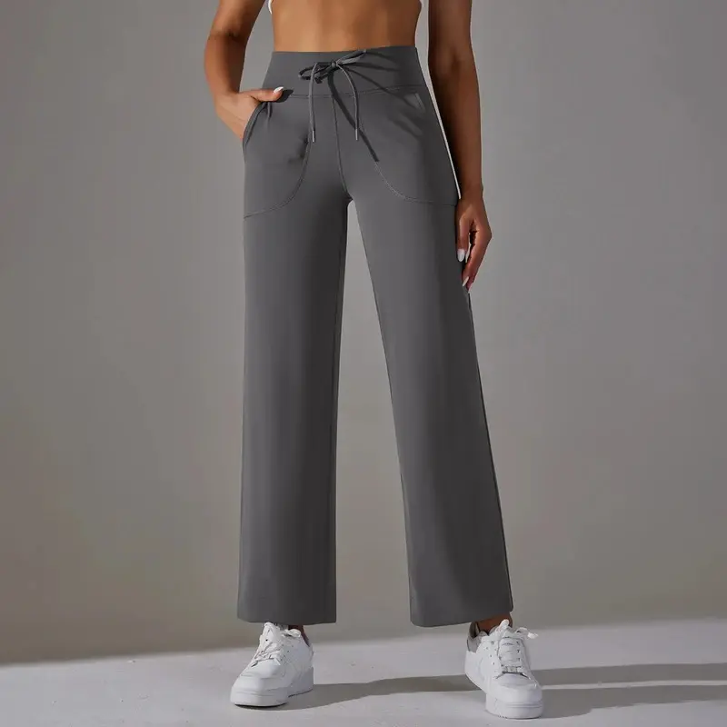 Women's 4-Way Stretch Flare Cut Joggers - Drawstring Waist, Full Length, Pockets, Female Wear for Fitness Yoga - Grey, Khaki Sweatpants