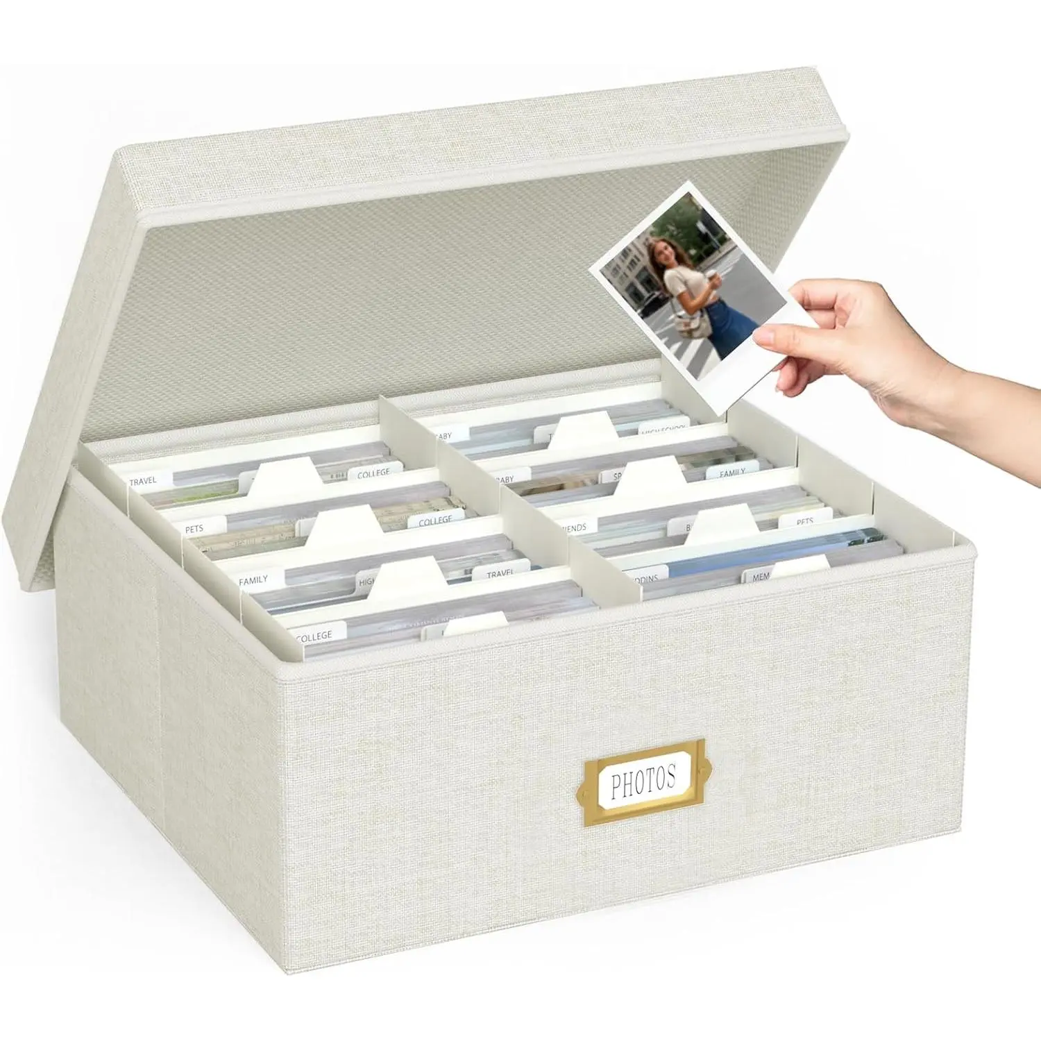 Decorative Photo Storage Box, Linen Photo Box Holds 1700 4x6 Pictures Beige | Photo Storage Containers with 8 Dividers, Memory  Organizer for Photos, Scrapbook Supplies, Cards, ,Archive Box