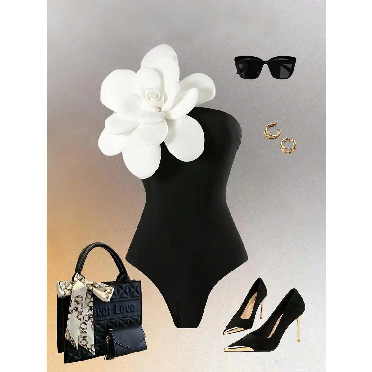 Black Bandeau One Piece Swimsuit With 3D White Flower Decor