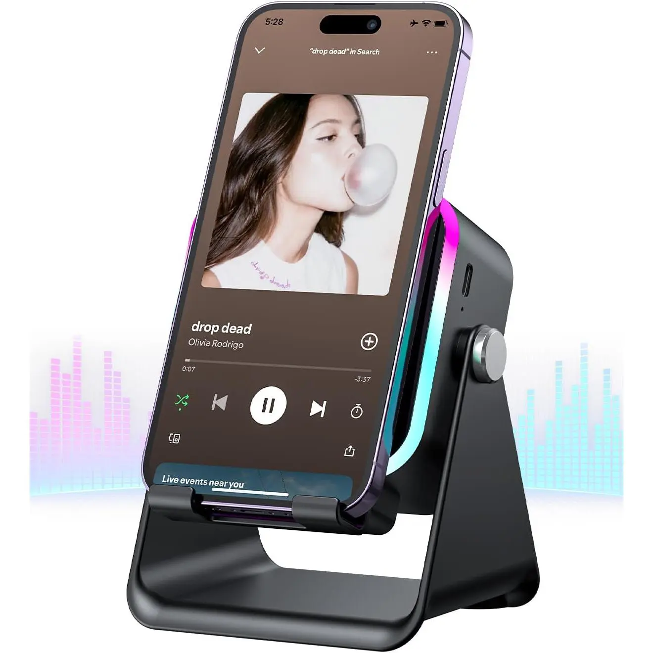 Induction Speaker 5-in-1 Wireless Bluetooth Audio for iPhone Android| No Pairing Needed, Adjustable Stand, RGB Light, Louder Sound, Emergency Phone Charging, Cool Tech Gift for Men, Women & Teens Colorful Compact Compact