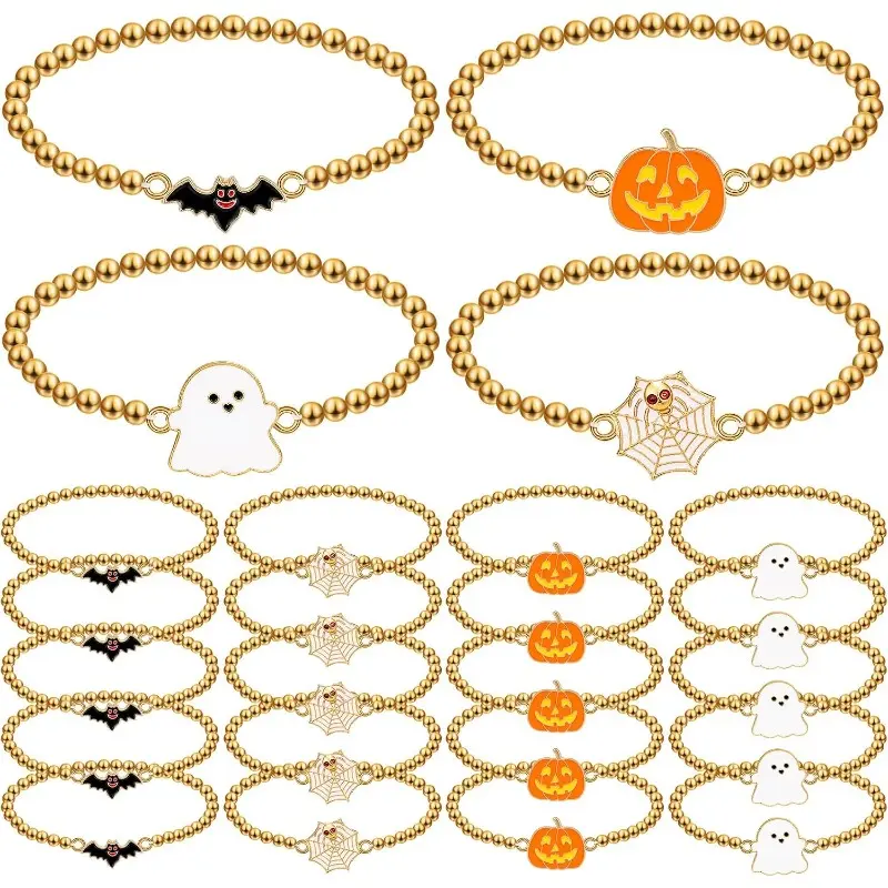 24Pcs Fashion Halloween Bracelet Gifts Bulk - with Pumpkin Bat Spider Golden Beaded Bracelet Jewelry Party Additions, Unique Present for Friends And Family