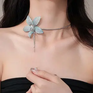 Vintage Blue Hollow Flower Tassel Choker Necklace for Women Elegant Silver Color Snake Bone Chain Necklace Wedding Jewelry Gifts