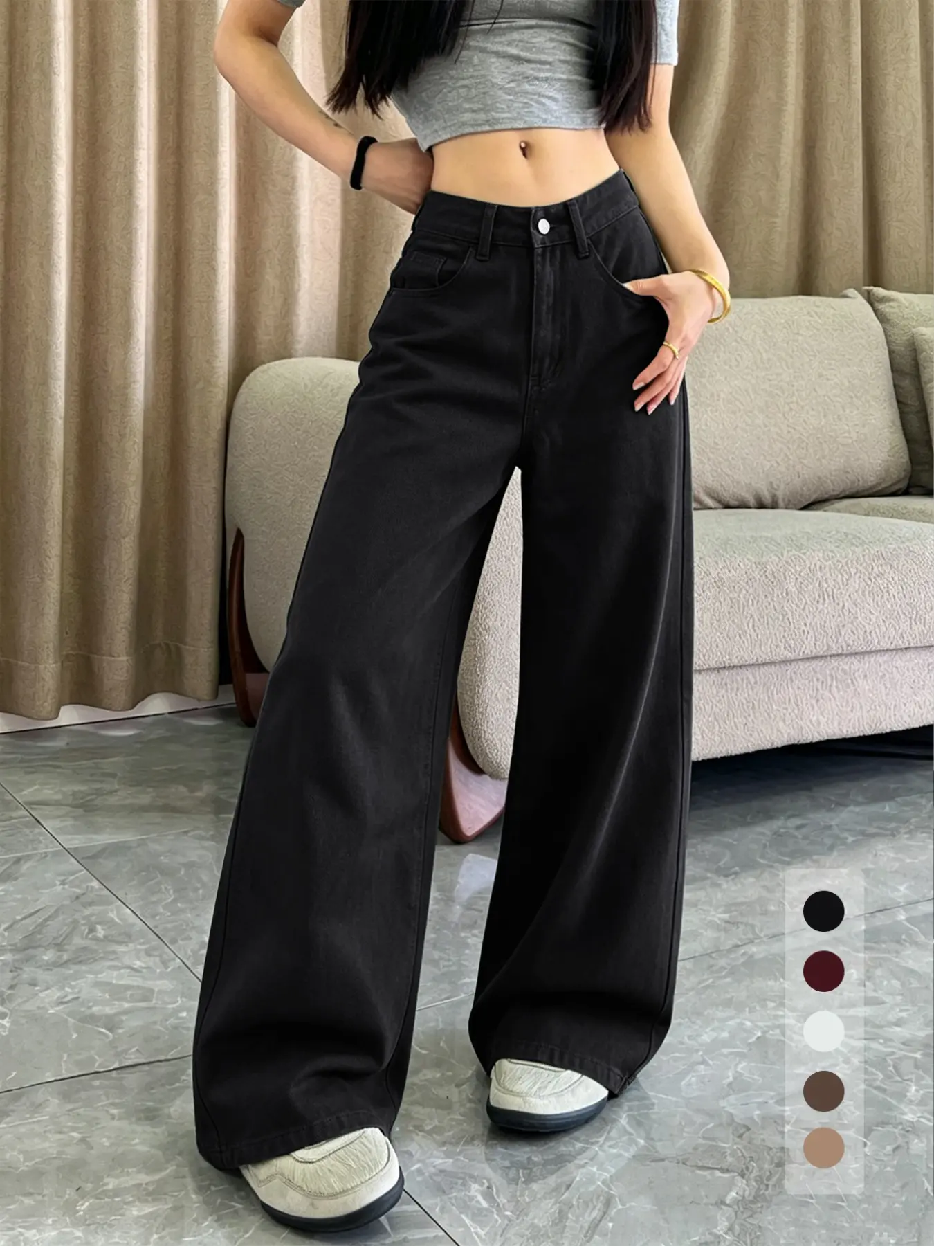 Women's High Waist Straight Leg Jeans Pants, Simple Solid Color Vintage Washed Denim Jeans, Loose Fit Casual All Season Wear, Multiple Colors Available