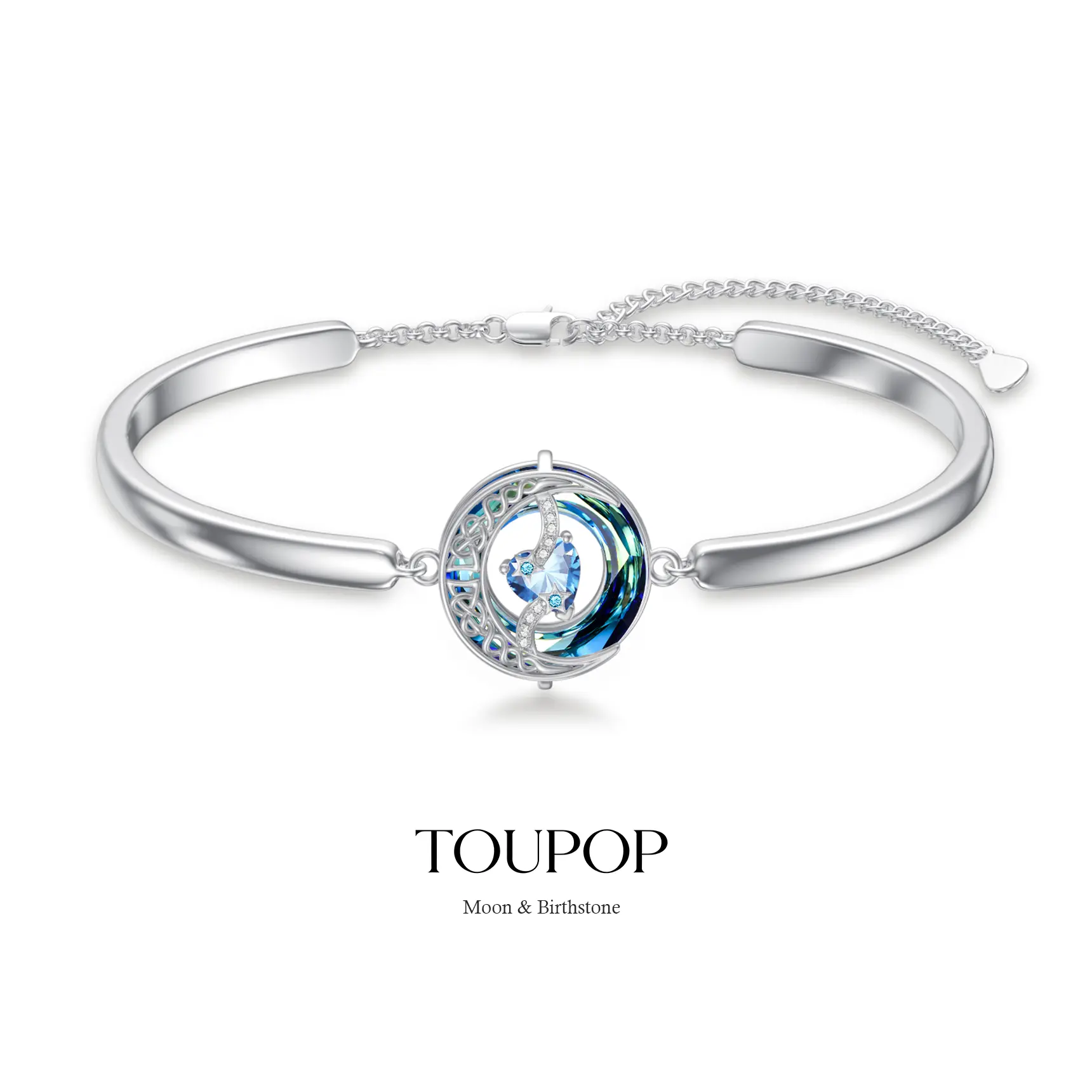 TOUPOP Birthstone Bracelet for Women 925 Sterling Silver Moon and Star Bangle Bracelet Blue Circle Crystal Jewelry Birthday Christmas Gifts for Women Wife Girlfriend