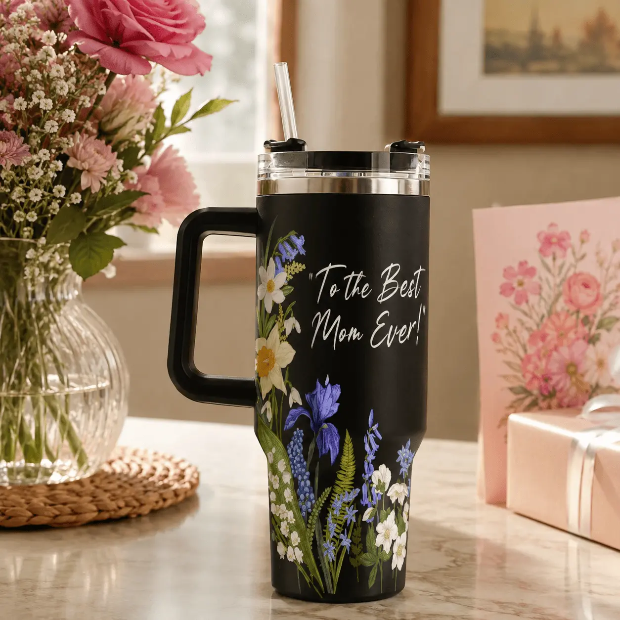 Floral Vacuum Flask Tumbler - Reusable Travel Cup with Handle, Straw, Lid, 6 Colors, Ideal Gift for Mom for Mother’s Day, Birthday, Kitchenware Drinkware Flasks