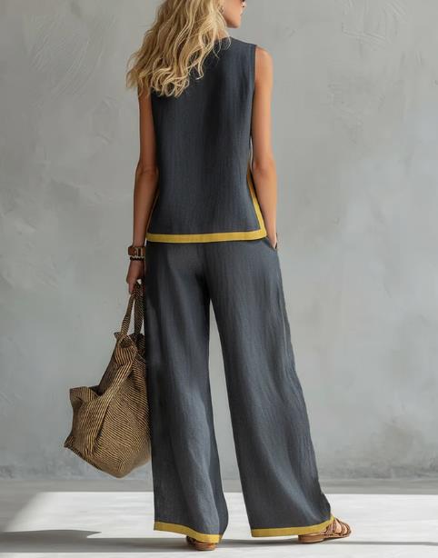 2026 Linen Blend Two Piece Set for Women Sleeveless Color Block Top Wide Leg Pants Set Casual Summer Outfit # LinenSet # WideLegPants # ColorBlock # SummerOutfit # BohoFashion # CasualWear # Outfit of the Day # WomensFashion