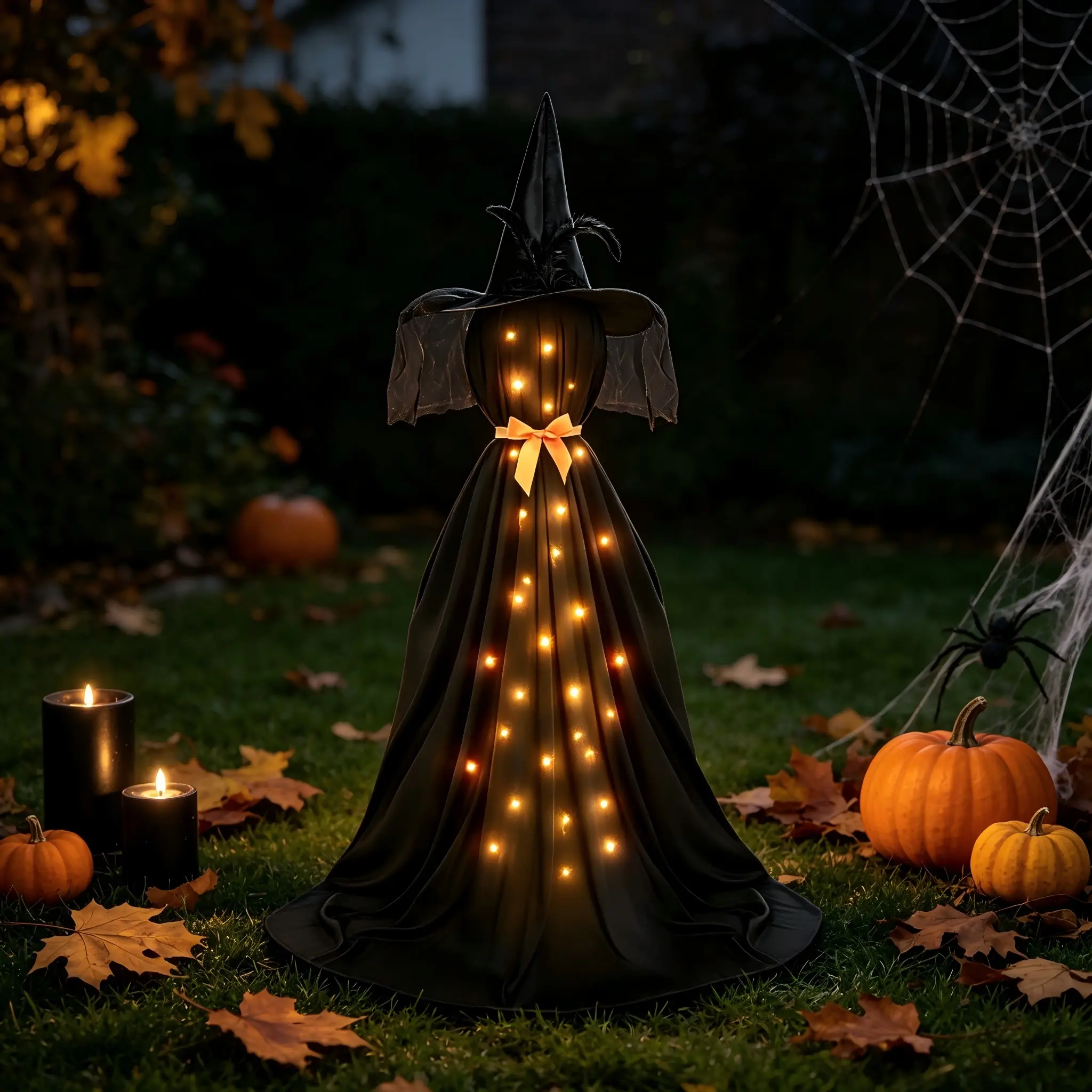 Halloween Glowing Mesh Spooky Ghost Hat, Witch Hat with Bow, Portable Tripod Stand, String Lights & Remote, Battery Powered, Perfect for Porch, Garden Decor