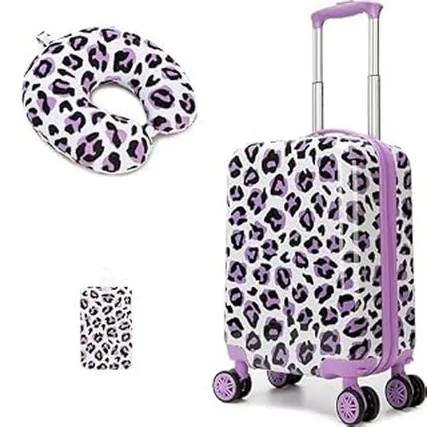 Kids Spinner Luggage Set Girls Hard Shell Suitcase with Travel Neck Pillow Luggage Tag Purple Leopard Print Trolley Case