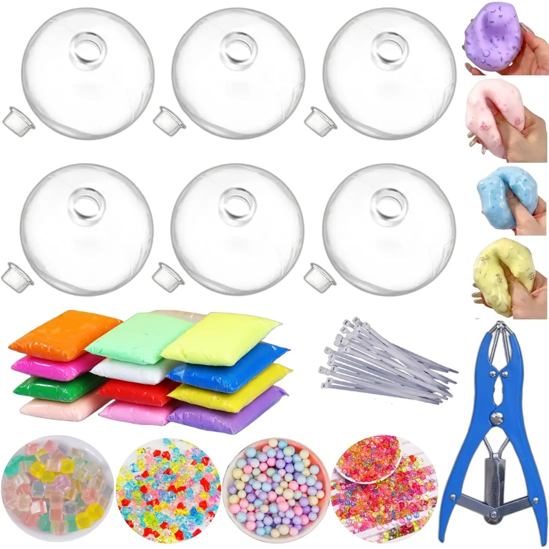 DIY Stress Ball Kit, 12 Colors Clay, 4 Packs Filler, 6 Transparent Skin Balls, Expansion Tool Included, Adult Relaxation, Beginner Friendly