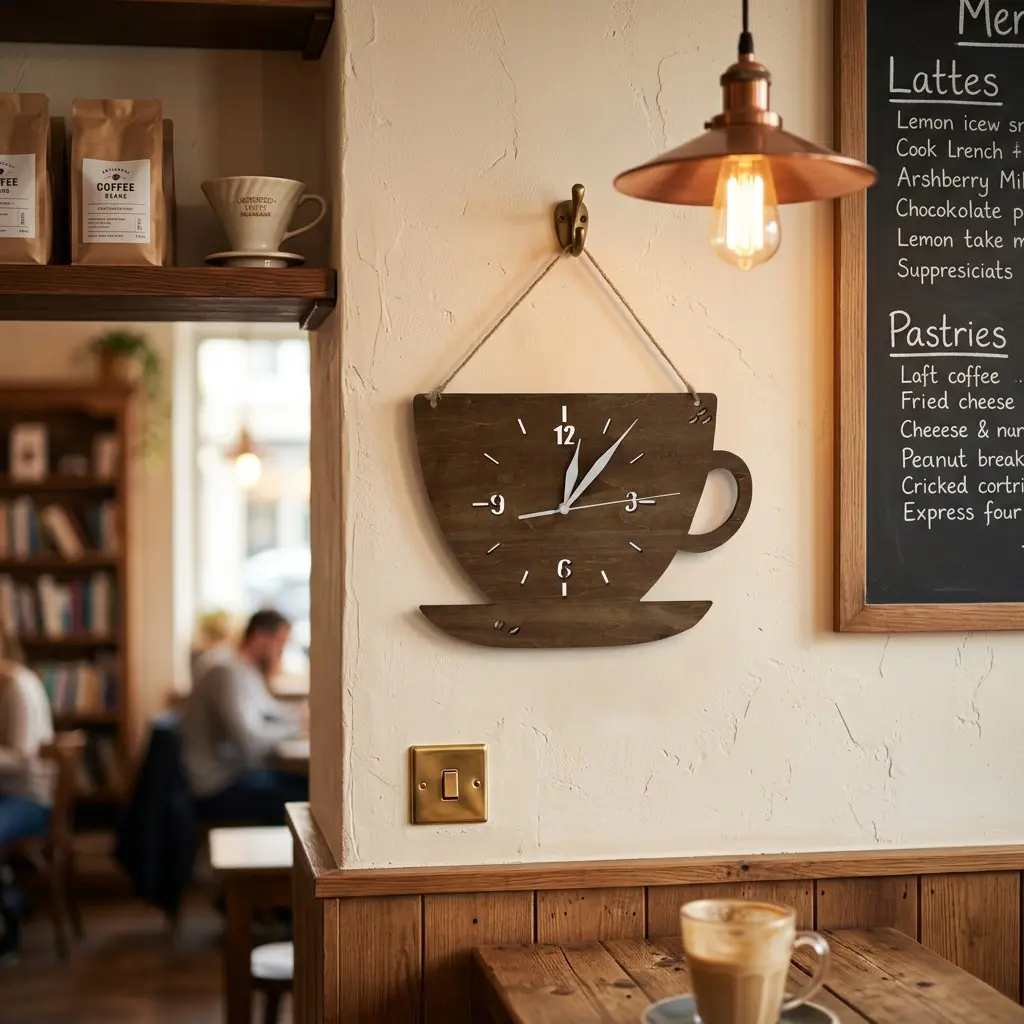 Rustic Wooden Coffee Cup Wall Clock Decorative Clock Hanging Farmhouse Coffee Bar Decor Gift for Coffee Lovers Analog Clock