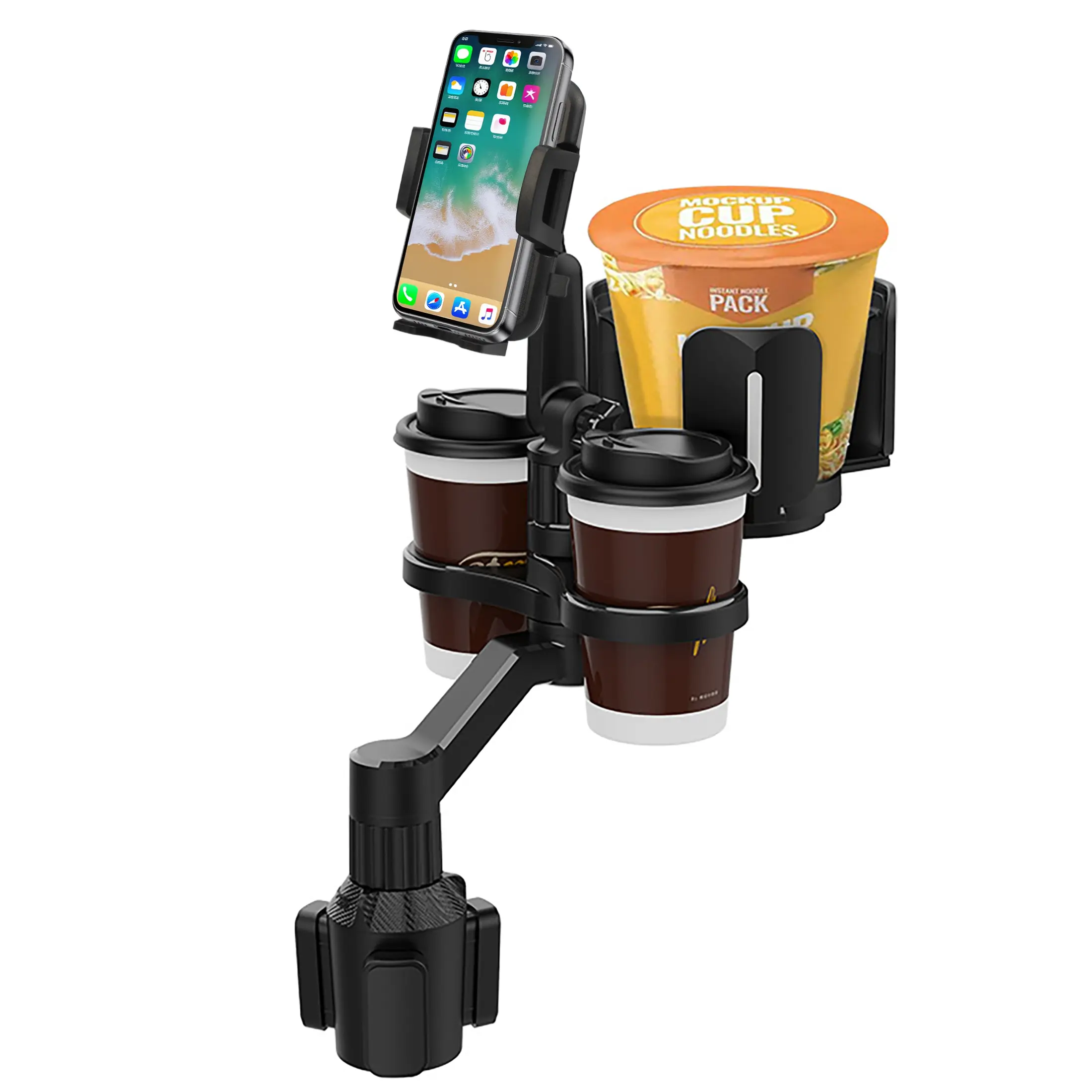 Multifunctional Adjustable Car Cup Holder and Phone Stand, Dual Cup Holders, 360 Degree Rotation, Durable Interior Accessory