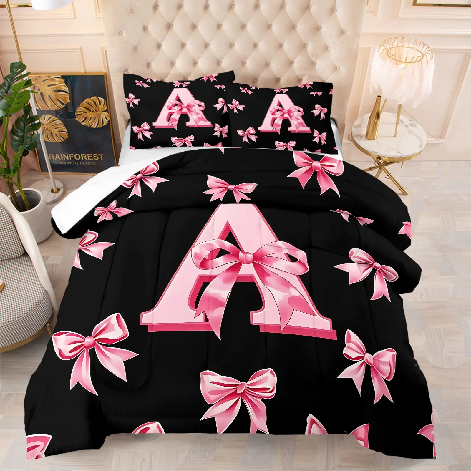Coquette Aesthetic Pink Bow Letter A Print Comforter Set, Bow Bedding Set, Includes 1 Comforter and 1-2 Pillowcases, Girly Bowknot Initial Letter Pattern Print, Gift for Kids, Teens and Adults, Sweet Decor Gift for Coquette Style Fans