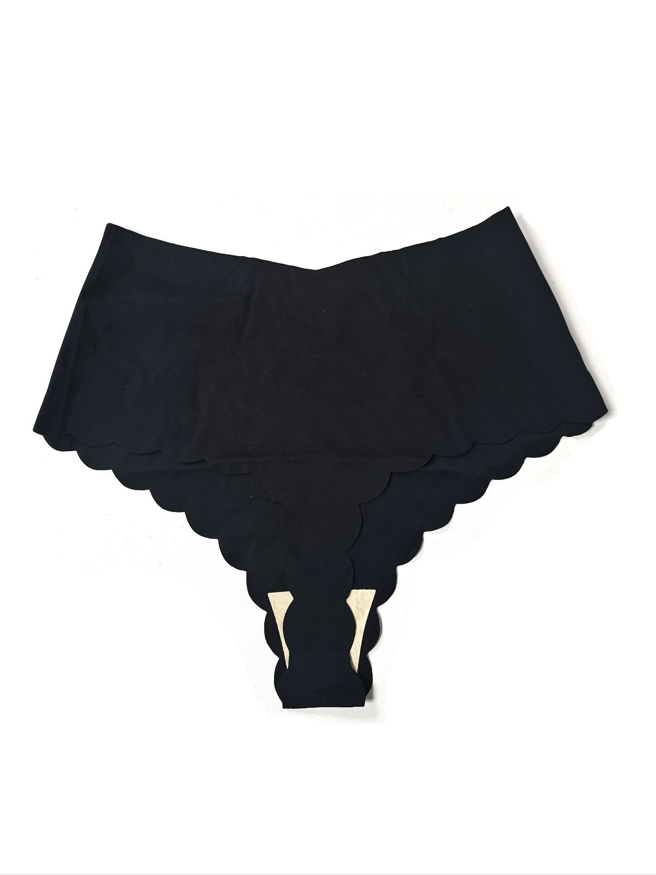 Women's Solid Scallop Trim High Waist Panty, Soft Comfy Breathable Seamless Knicker for Daily Wear, Underwear for All Seasons, High Waisted Seamless