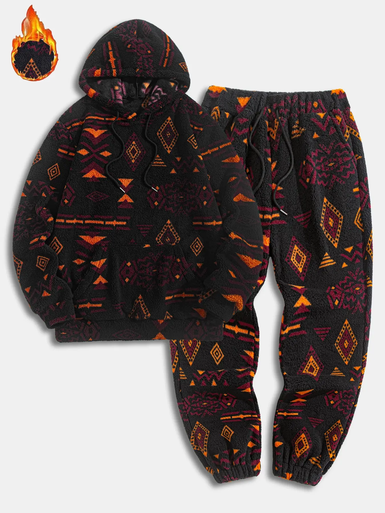 Men Navajo Aztec Tribal Print Tracksuit, Thick Fluffy Fleece 2 Piece Set, Drawstring Hoodie & Jogger Pants, Warm Casual Loungewear