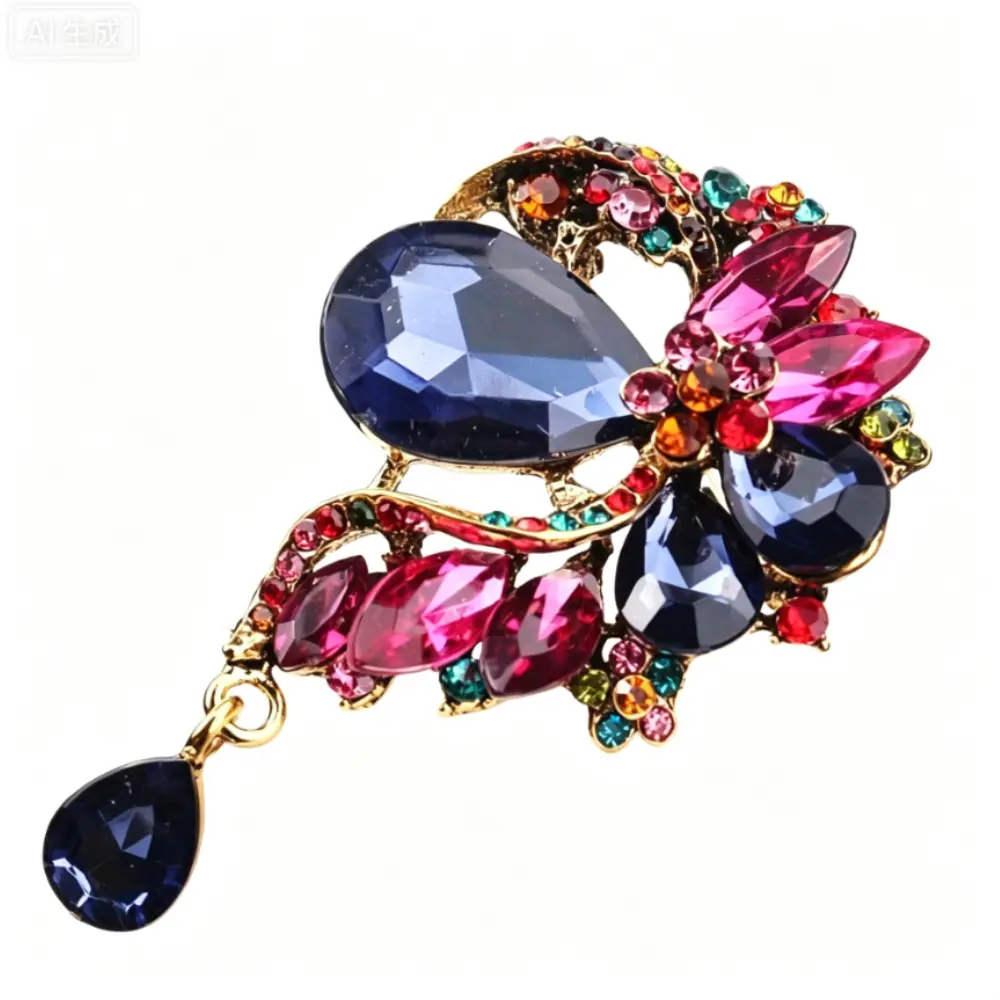 Antique Gold Branch Brooch Paved Purple Pink Multi Color Crystal with Dangling Teardrop Gem Vintage Outfit Pin