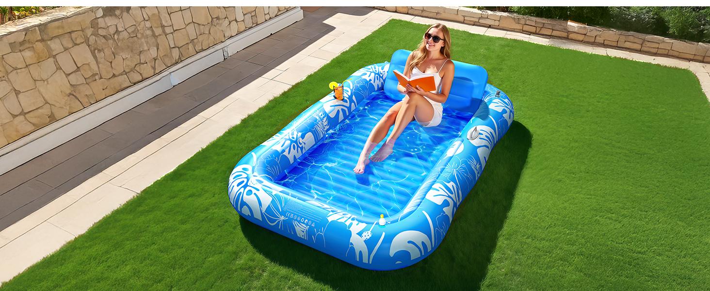 Inflatable Tanning Pool Lounger Float with Sprinkler, 77" x 48" Pool Floats Adult with Pillow, 6 in 1 Suntan Tub Raft Floatie with Drink Holder Sunbathing Water Lounge