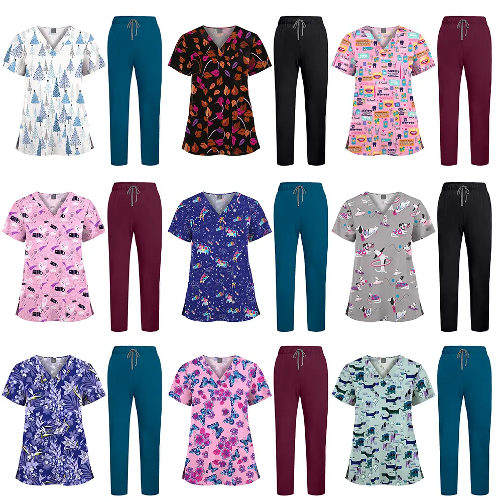Unisex Floral Print Scrub Set, V-Neck Quick-Dry Elastic Medical Workwear for Nurses, Regular Fit Uniform for Pediatric Clinics, Cold Wash