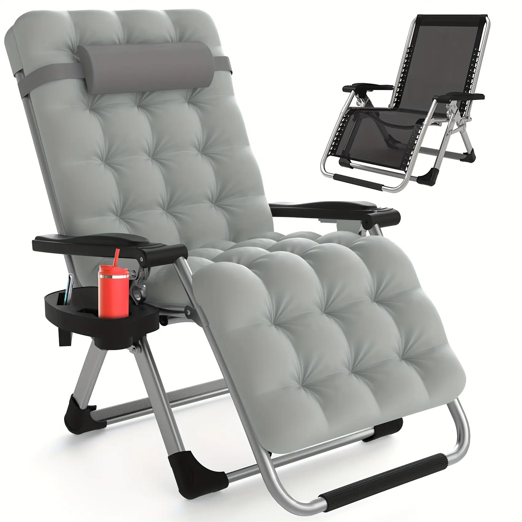 Zero Gravity Chair Lounge Chair Recliner w/Upgraded Lock and Removable Cushion, Reclining Camping Chair w/Cup Holder Tray & Headrest, Folding Reclining Patio Chairs for Indoor Outdoor