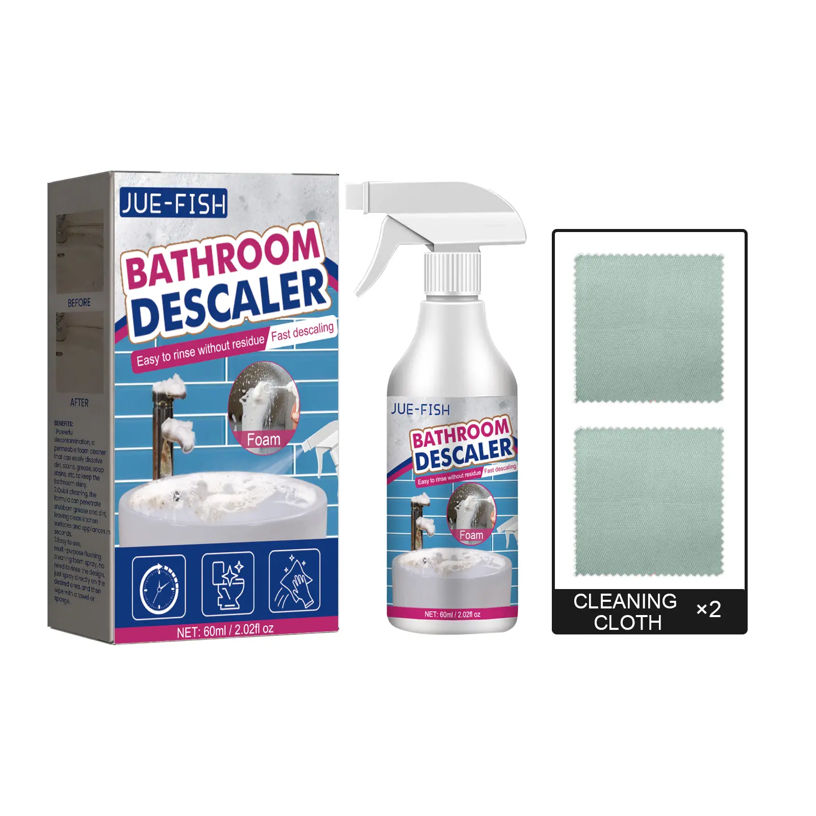 Jue-Fish Household Cleaning Spray, Bathroom Cleaner for Shower Glass, Stainless Steel Sinks, and Bathtubs for Scale Removal and Decontamination