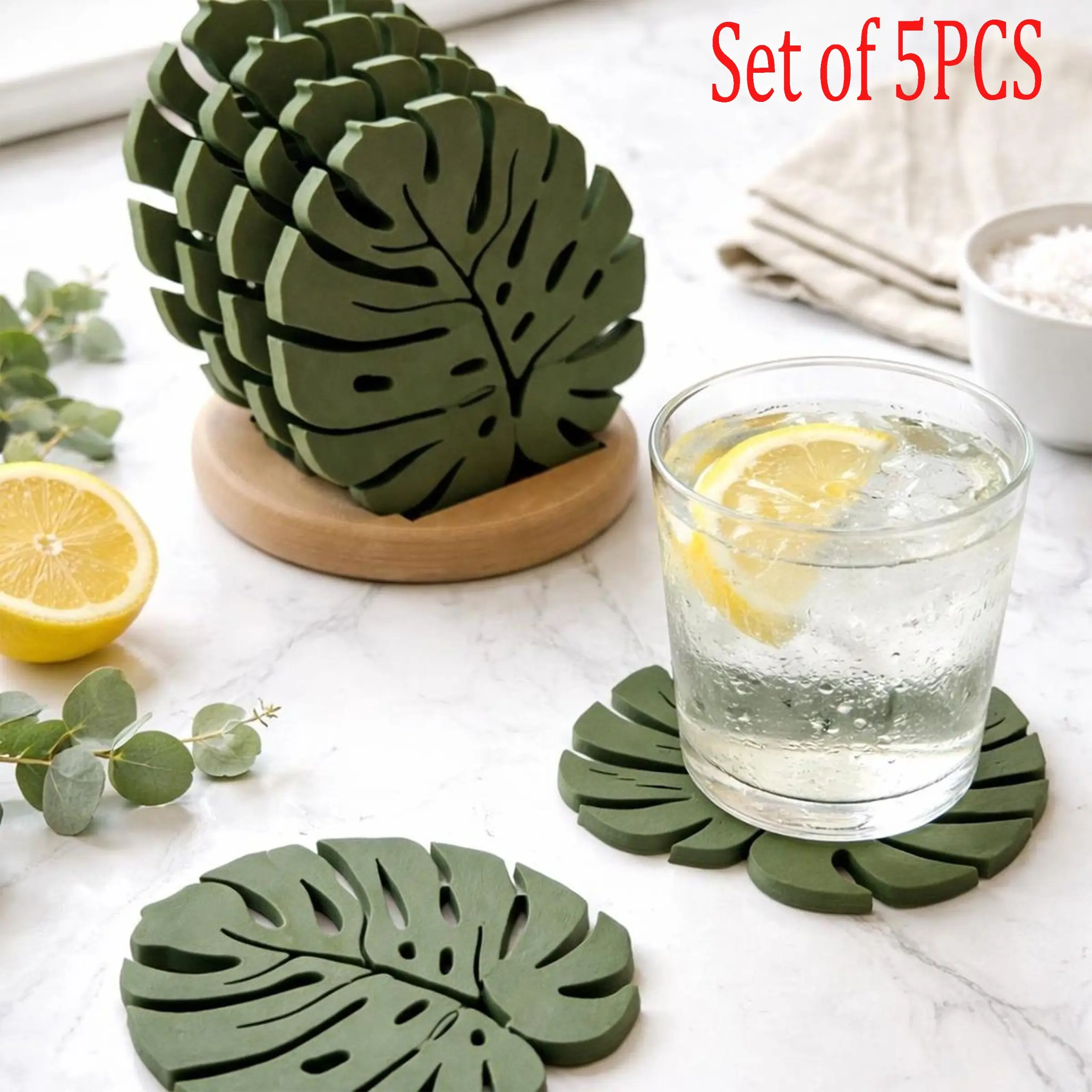 Set of 5pcs Monstera Leaf Coaster Set, Coasters For Drinks, Aesthetic Non-Slip Heat Resistant Silicone, Tropical Plant Home Decor, Unique Gift for Plant Lovers