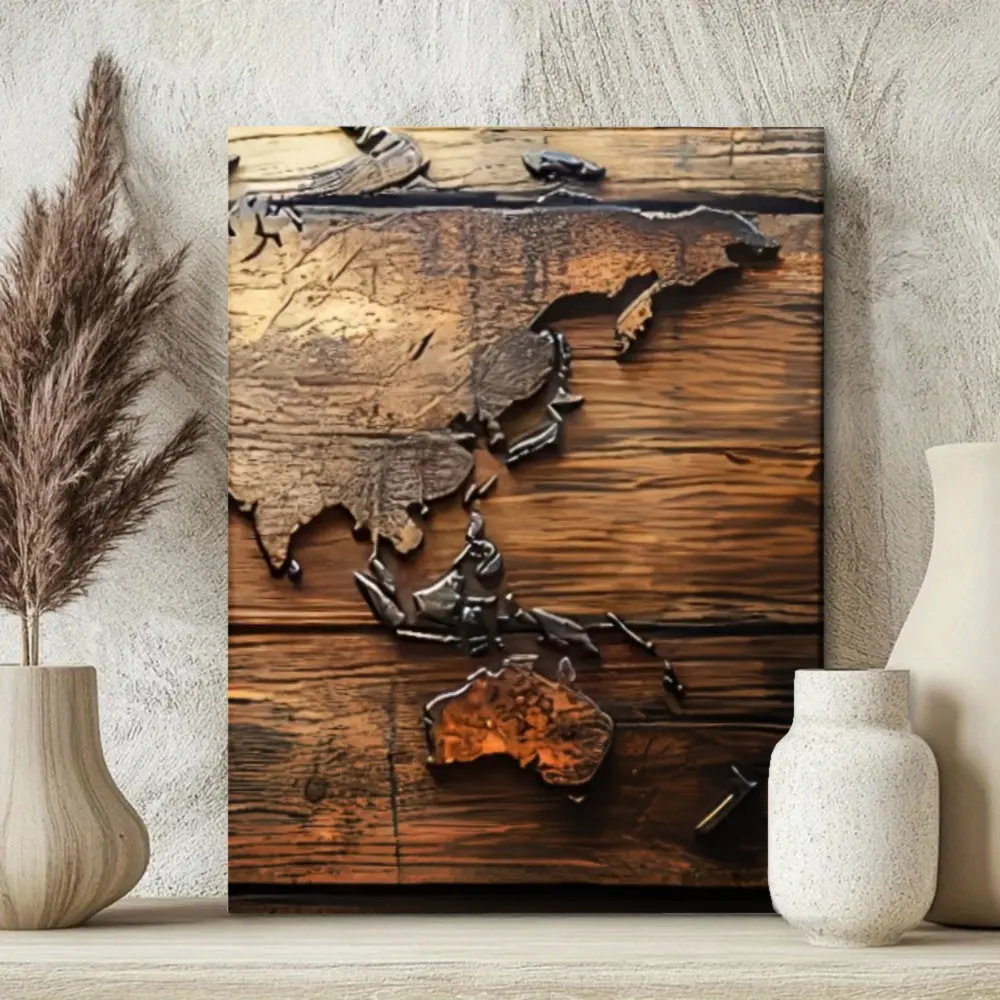 Rustic Wall Art, Canvas Print, Vintage World Map Design, Wood Grain Texture Effect, Modern Home Office Decor, 1 Piece
