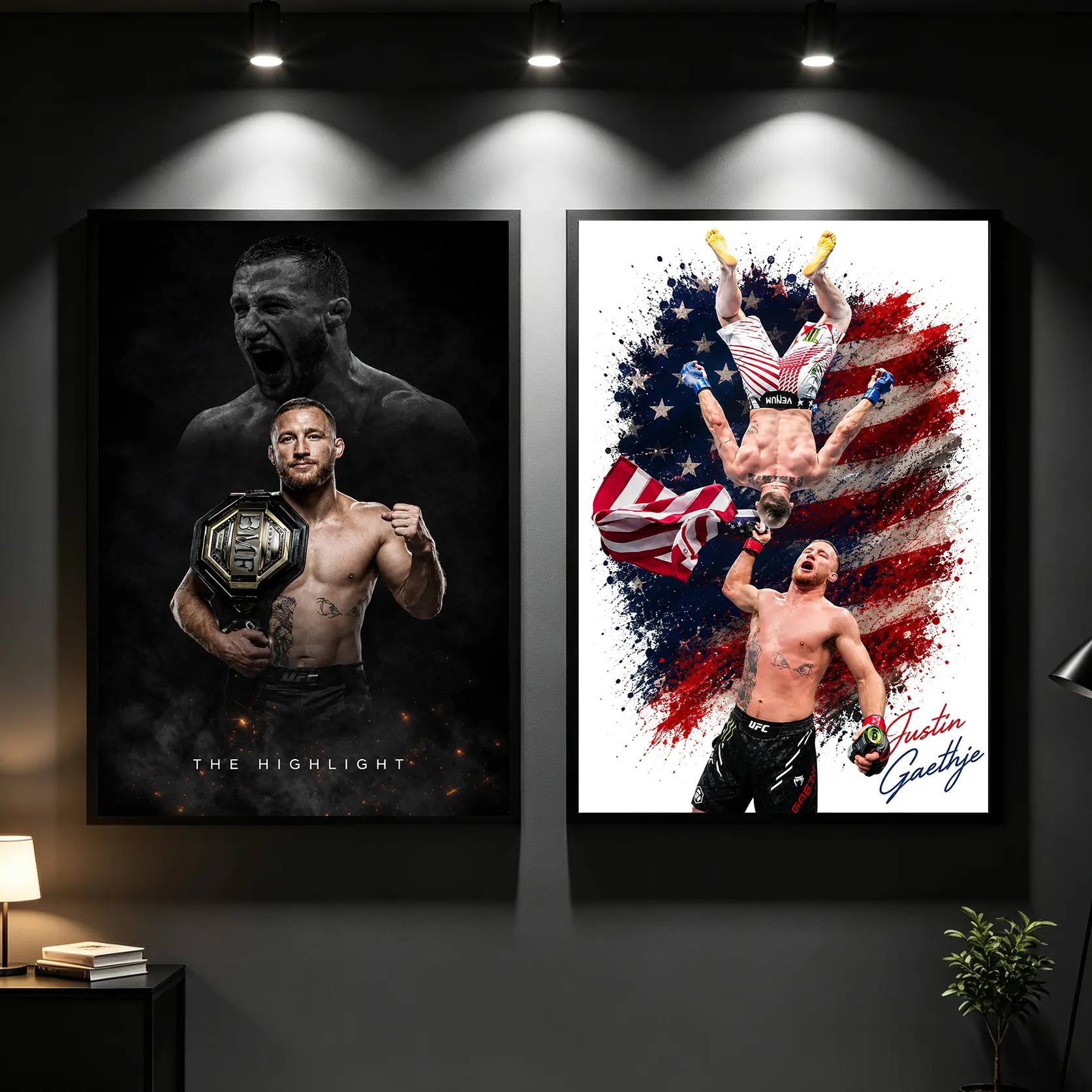 2PCS Justin Gaethje UFC Fighter Canvas Poster,American Flag Splash Art Wall Art, MMA Boxing Decor Painting for Man Cave Gym Room, Frameless Canvas Print Gift