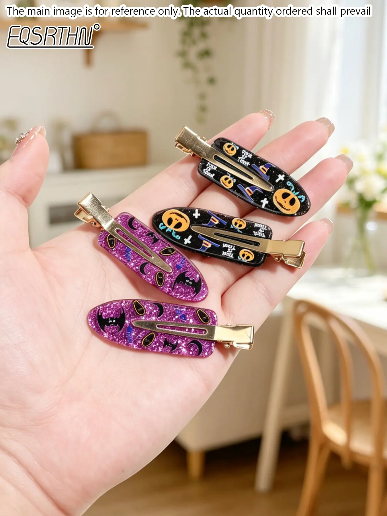 4 Pack Glitter Halloween Theme Alligator Hair Barrettes, Sparkly Purple Black Sequined Duckbill Hair Clips with Pumpkin Bat Moon Cross Pattern, Holiday Festival Retro Gothic Style Flat Hair Grips