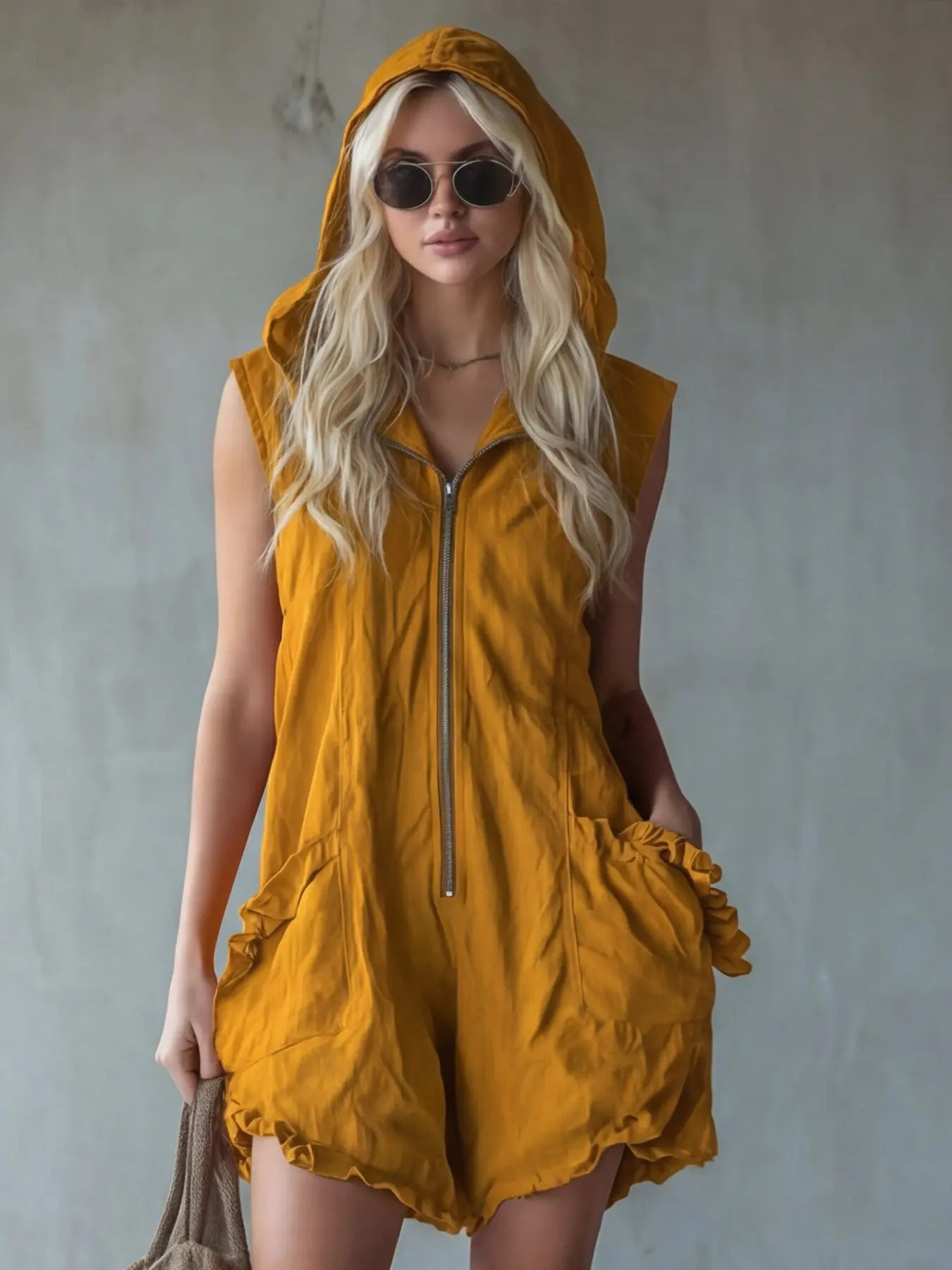 Women's Y2K Style Hooded Sleeveless Overall Romper, Front Zipper Ruffle Pockets, Casual All-Seasons Solid Color Loose Fit Rompers