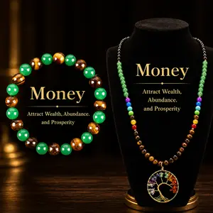 Arpurraina life tree Money Attraction Jewelry Set, Tree of Life Pendant Necklace with 7 Chakra, Tiger Eye & Obsidian Bracelet, Crystal Healing Jewelry for Wealth, Prosperity, Protection and Positive Energy