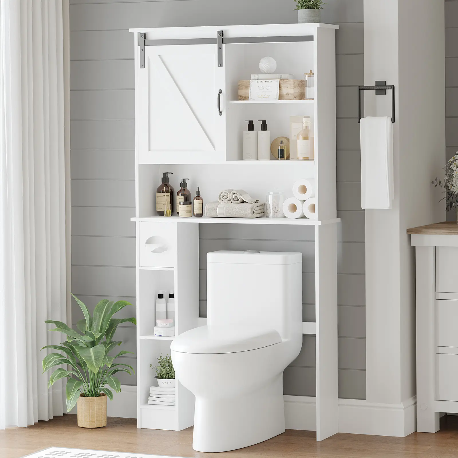 Space-Saving Over the Toilet Storage Cabinet – Freestanding Bathroom Organizer with Sliding Barn Door and Adjustable Shelf – Toilet Paper Holder – Tall White Shelf for Restroom, Laundry, and Home Decor