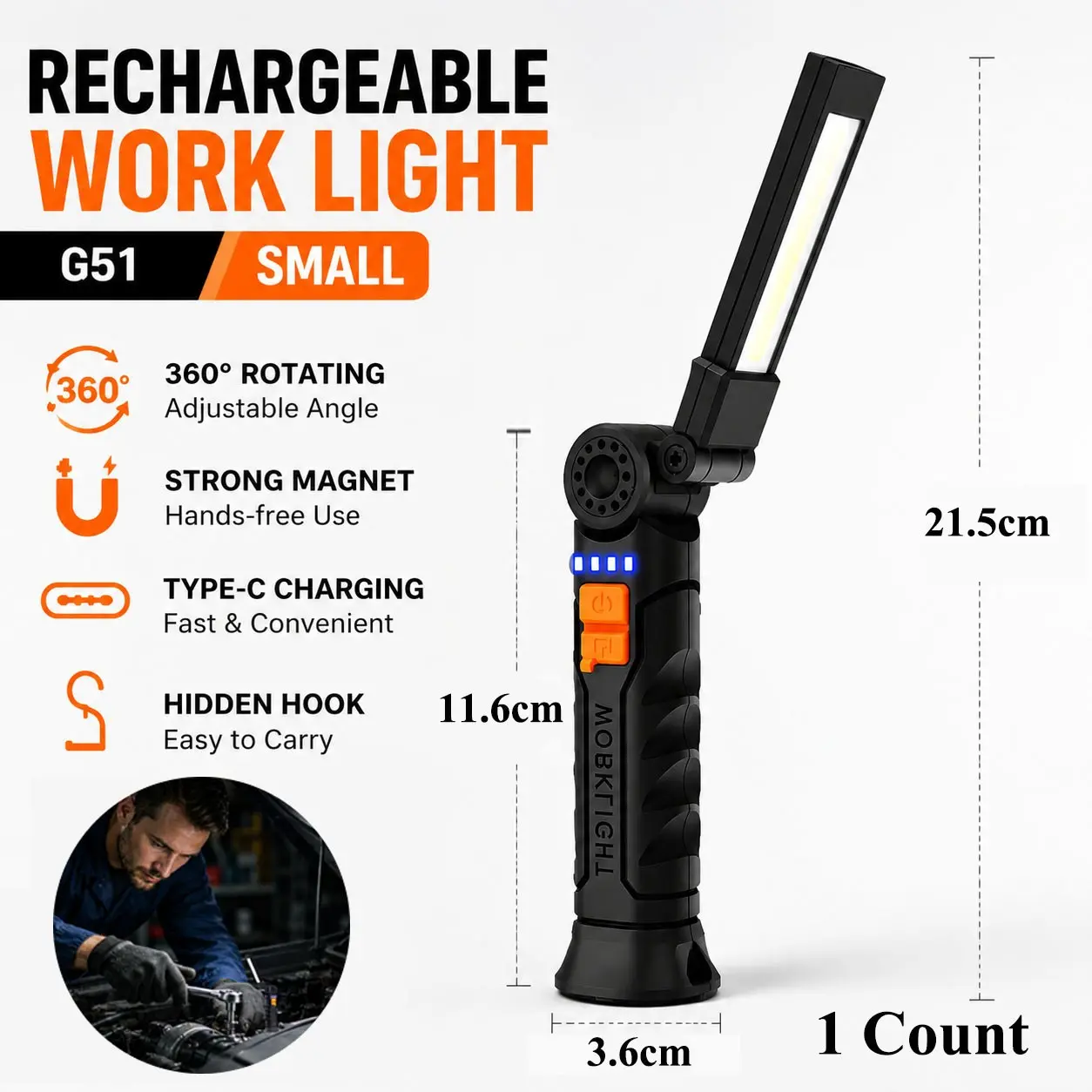Rechargeable COB LED Folding Work Light, 360° Rotating Emergency Magnetic Lantern, Handheld Flashlight for Car Repair, USB Rechargeable Flashlight, Portable Flashlight, LED Flashlights