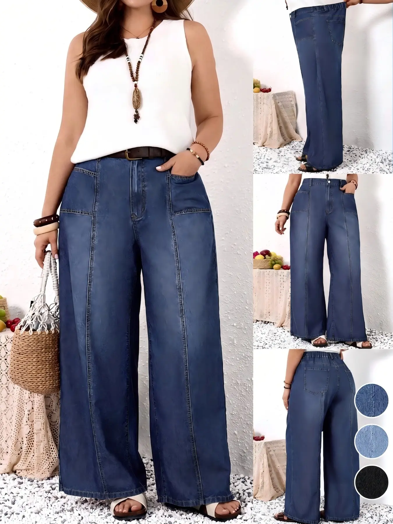 Plus Size Wide Leg Jeans, High Waist Elastic Back Jean with Pockets, Loose Fit Daily Casual Wear, All Seasons Patchwork Design