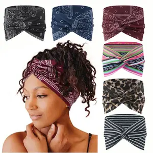 6PCS Boho Wide Headbands for Women Girls Non Slip Soft Elastic Twisted Turban Headband Stylish Leopard Print Bandana Headband Yoga Running Sports Head Wraps Workout Gym Hair Accessories