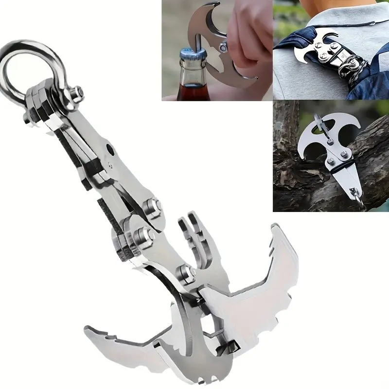 Heavy-Duty Stainless Steel Folding Hook with 4 Reinforced Claws, Secure Grip for Backpacks, Clothes, Gear, Rust-Resistant Multi-Purpose Hook for Hiking, Camping, Climbing Additions, Backpack Securing Tool, Modern