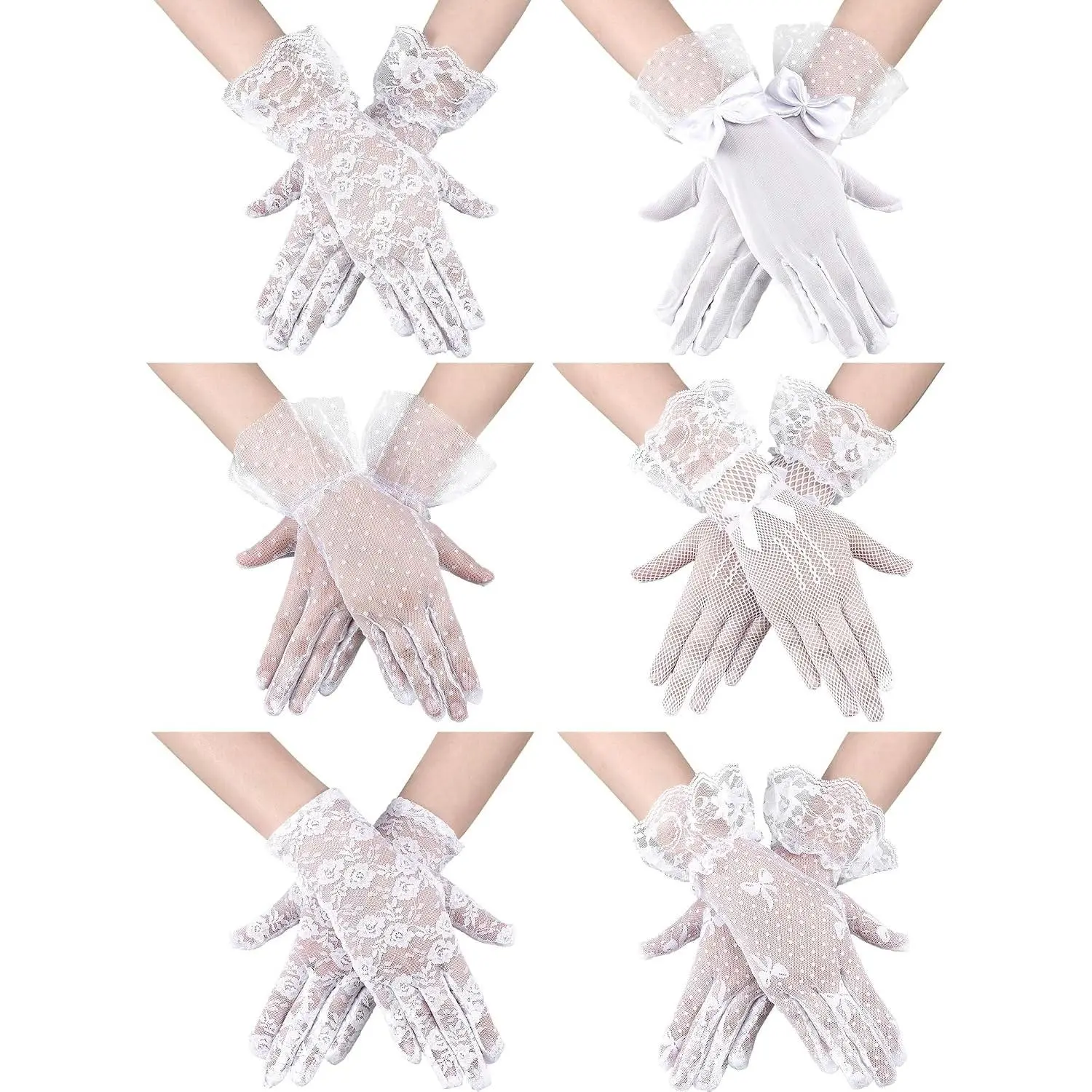 6 Pairs Women Lace Gloves Wedding Tea Party Gloves Elegant Short Novelty Floral Accessories for Funeral Christmas