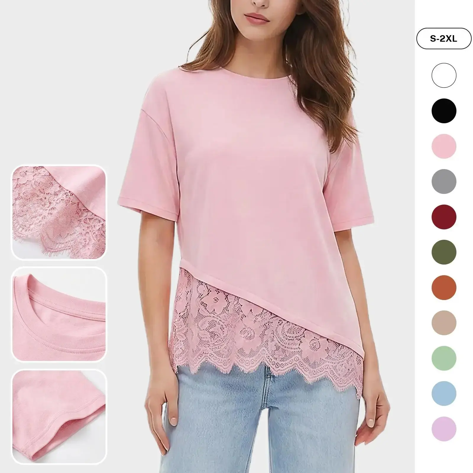 Imily Bela Womens Layered Lace Bottom T Shirt for Women Irregular Hem Crewneck Short Sleeve Casual Blouse
