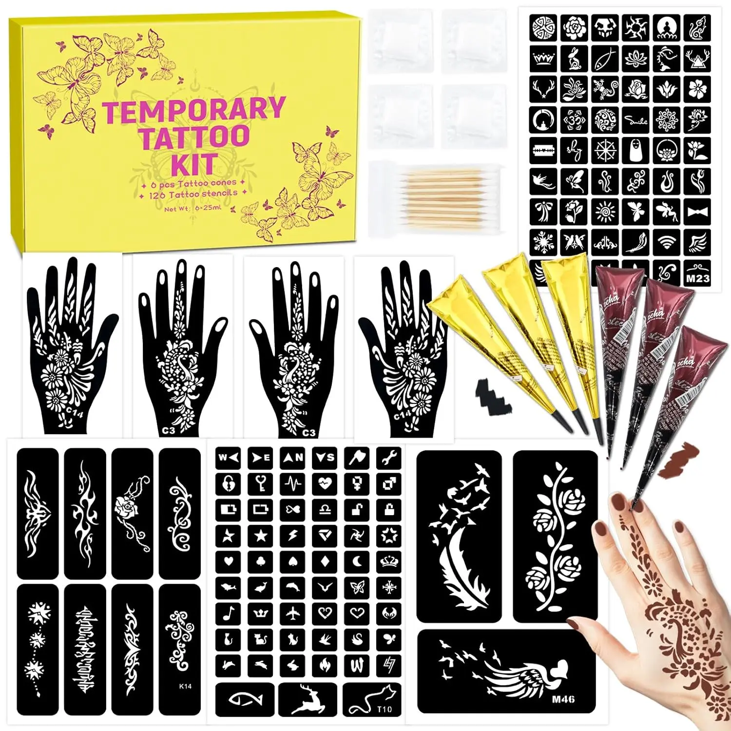 Temporary Tattoos Kit with 2-Color Natural Ink and 126 Stencils, Easy No-Needle DIY Body Art for Women, Men & Kids, Long-Lasting, Easy To Use, Lasts Days, No Needles