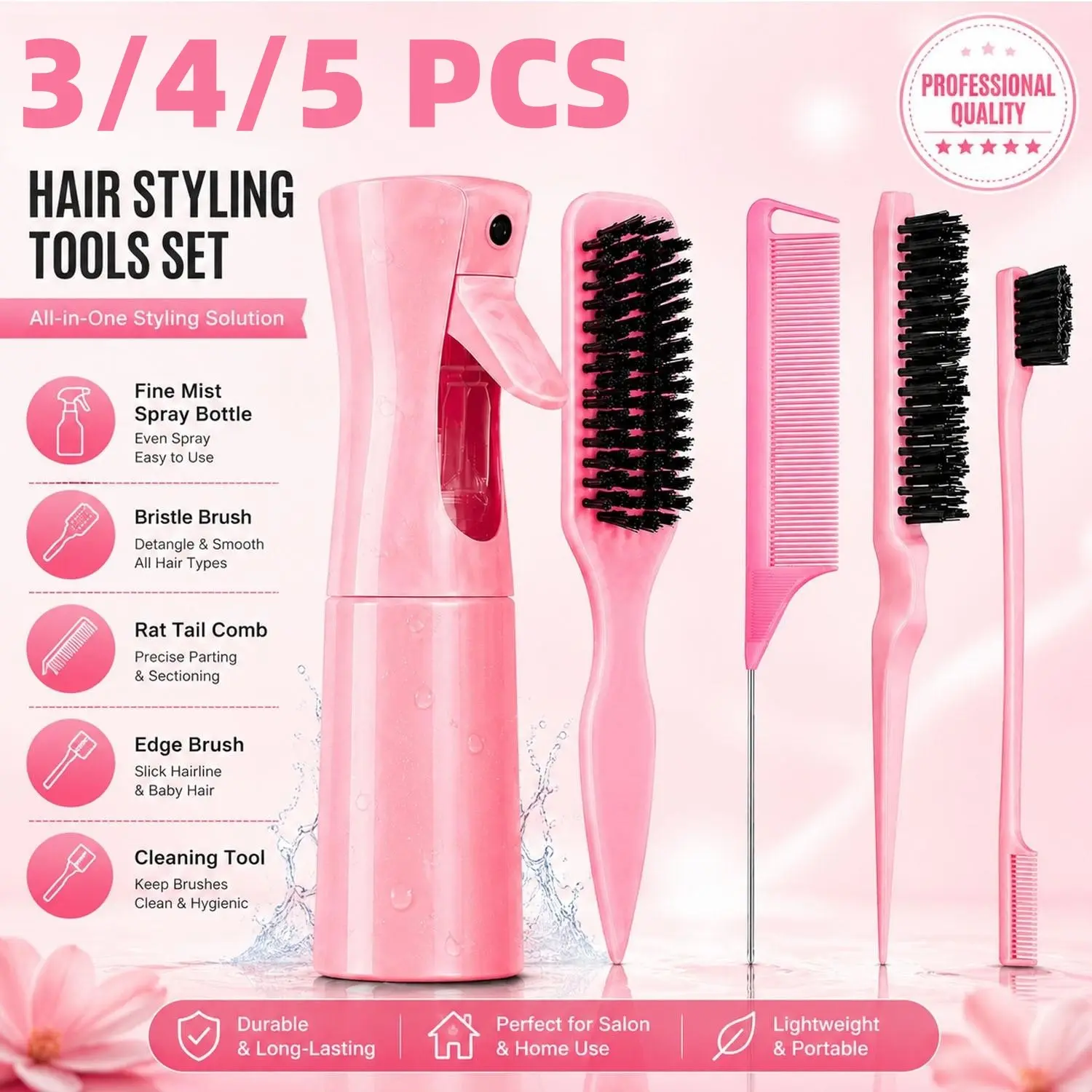 Hair Styling Tools Set with Heatless Styling Tools, Bristle Brush, Rat Tail Comb & Edge Brush, Professional Hair Sectioning, Slick Back, Braiding, Detangling & Hairline Styling Kit for Salon & Daily Use Home Hair Kit Salon Supplies