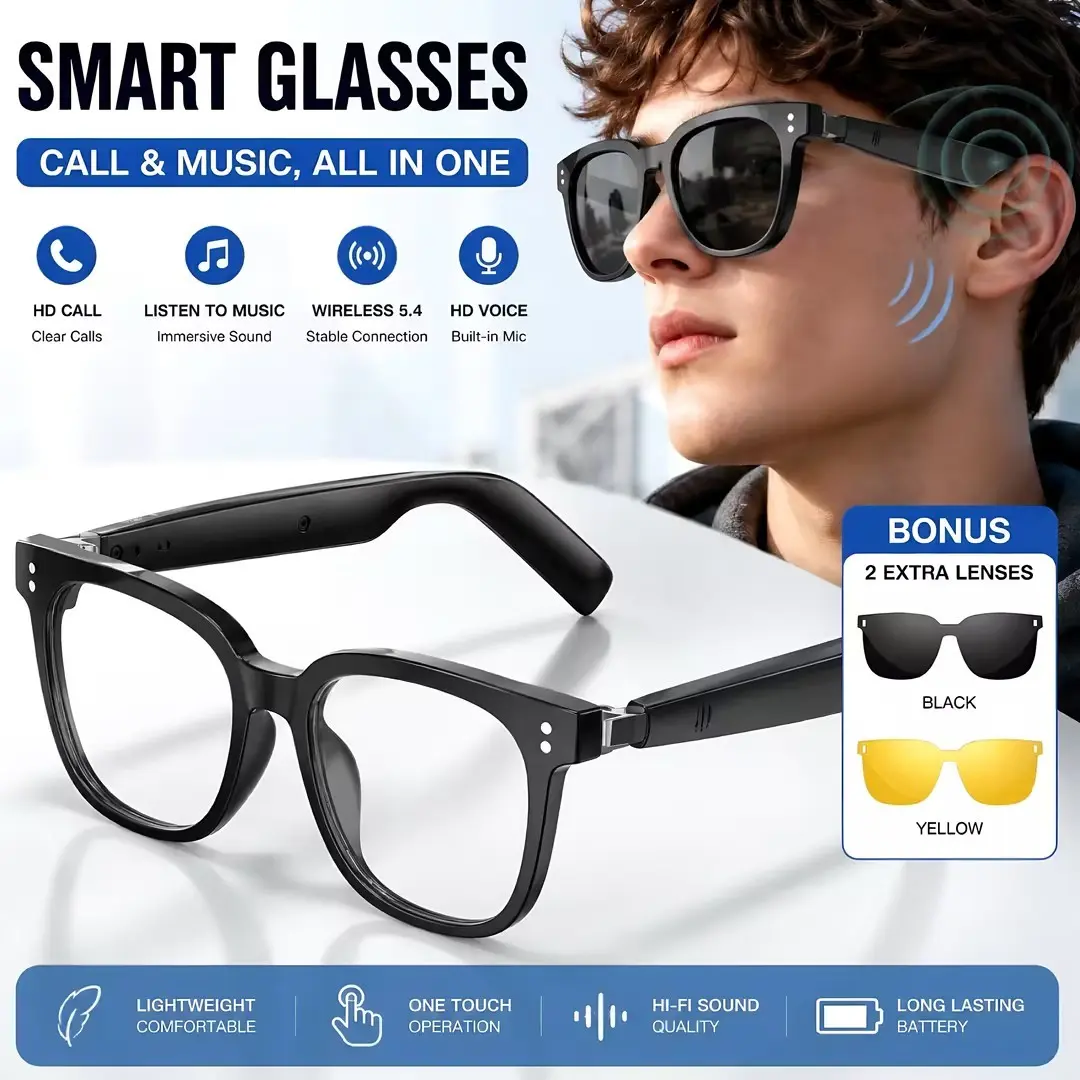 AI Bluetooth smart glasses, supporting translation of multiple language apps, equipped with replaceable magnetic lenses, filtering blue light, enhancing light, sweat proof, sunscreen sunglasses, sunglasses, suitable for travel, navigation, meetings