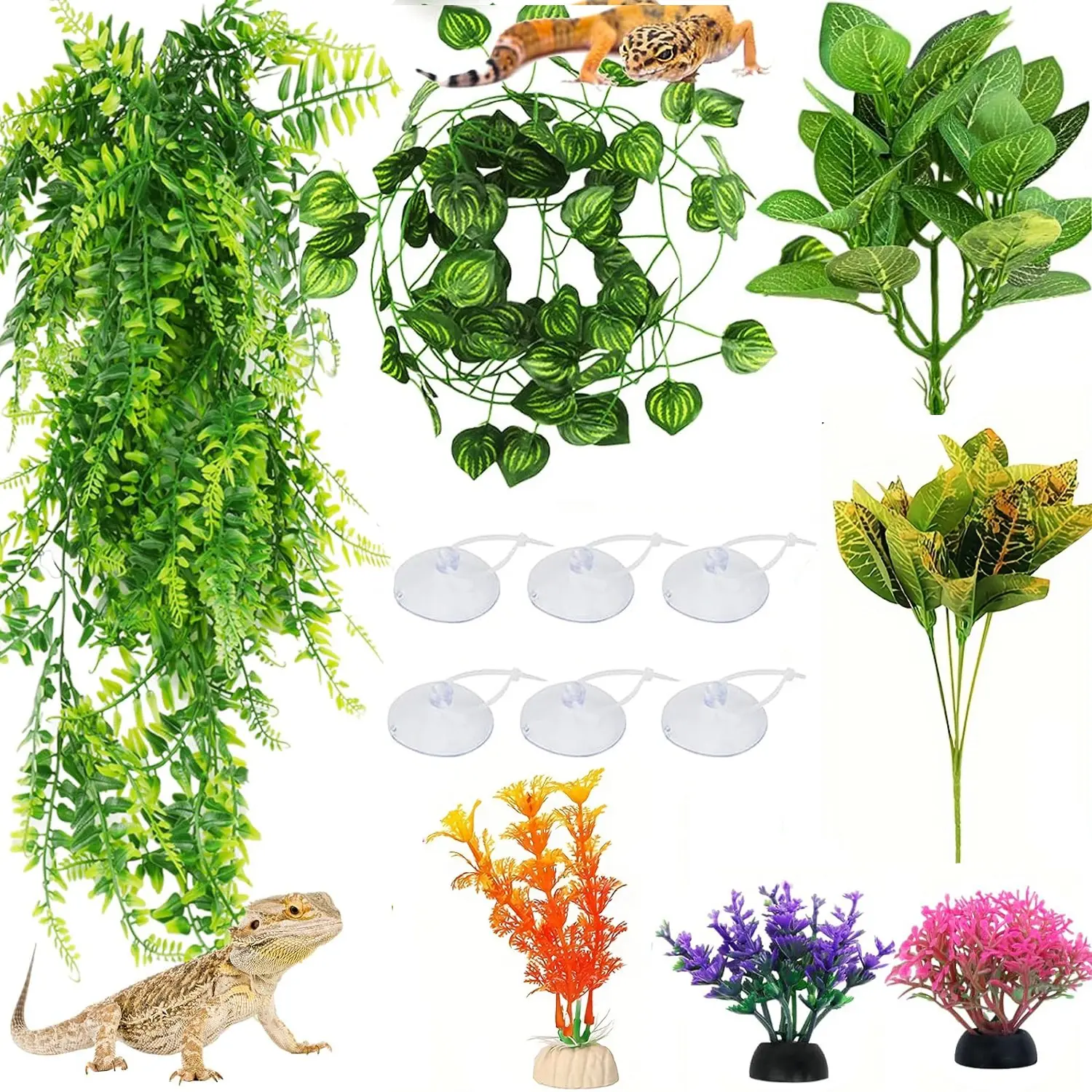 13 Pcs Lizard Gecko Chameleon Habitat Accessories, Hanging Plant Artificial Leaf, Leopard Print Water Tank, Snake Skin Decoration Supplies