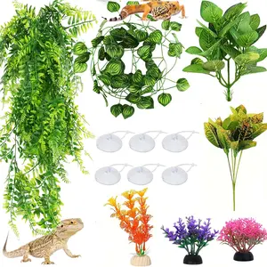 13 Pcs Lizard Gecko Chameleon Habitat Accessories, Hanging Plant Artificial Leaf, Leopard Print Water Tank, Snake Skin Decoration
