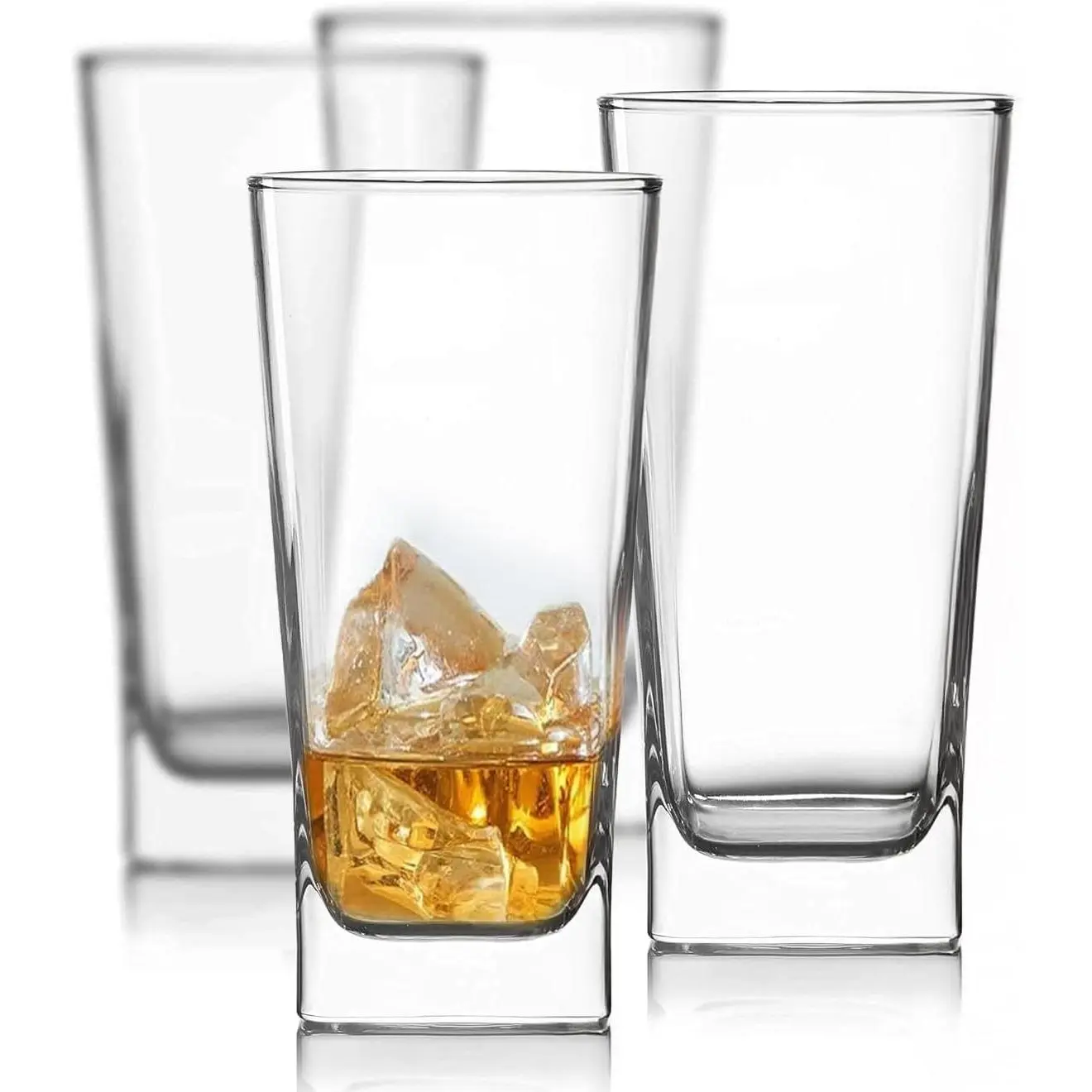 Set of 4 Everyday Drinking Glasses - Square Tall Glass Cups Drinkware Kitchen Collins Glasses for Cocktail, Iced Coffee, Beer, Ice Tea, Wine, Whiskey, Water Glassware Sets