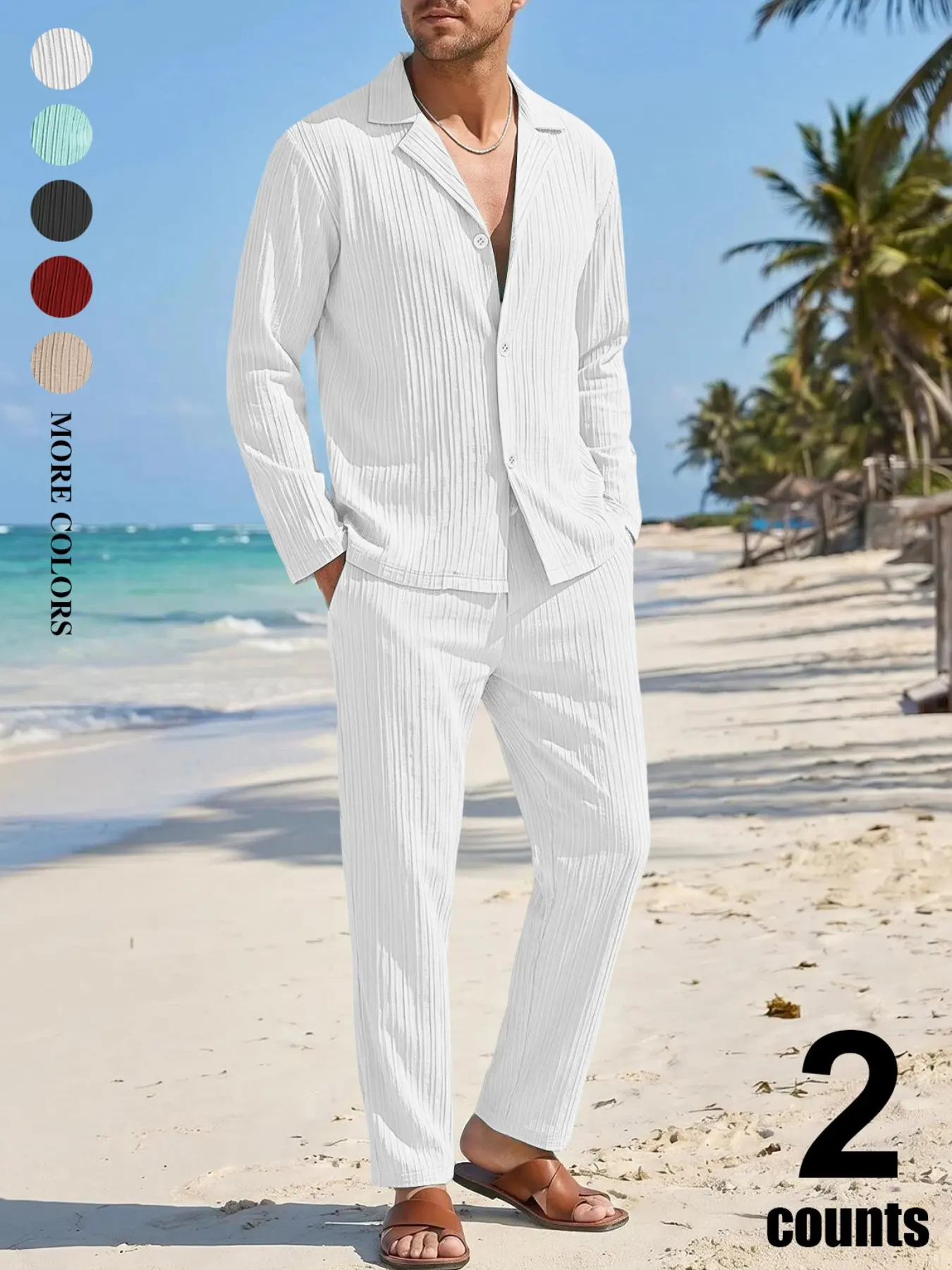 Men's Spring/Autumn Everyday Wear, Clothes, Vacation, Beach, Seaside, Textured Pleated Cuban Collar, Long Sleeve Suit, Outfit Sets, Suitable for Home, Outdoor, Urban, Trendy, Street Style, Casual, Versatile, Stylish