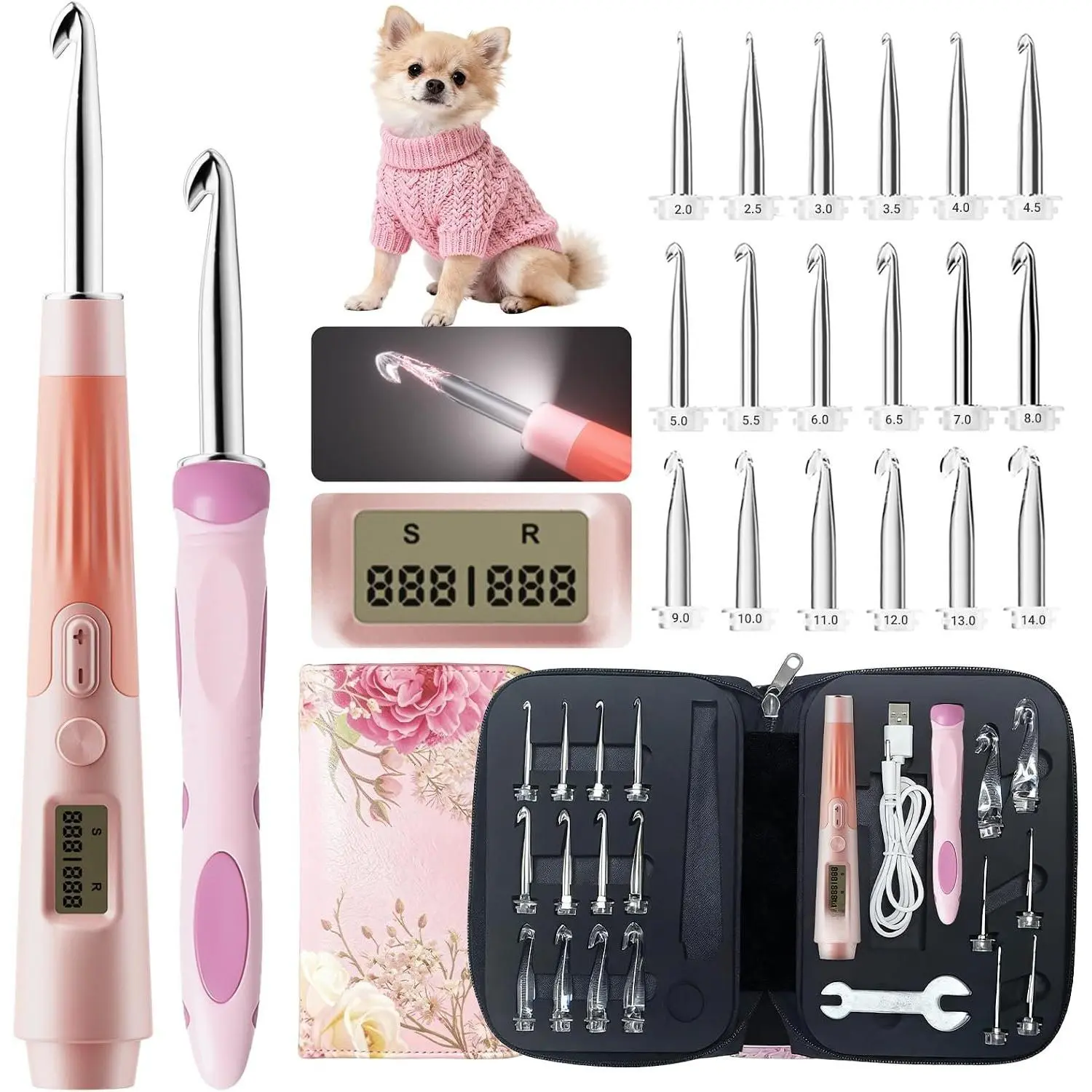 Light Up Crochet Hooks Set with Digital Counter | 18 Size Counting Crochet Hook with 2.0–14.0 mm Interchangeable Hooks,  Crochet Kit &  for  Hands